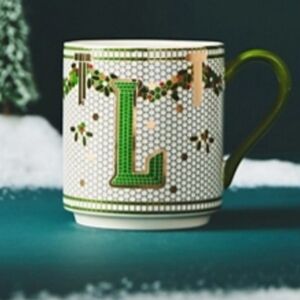 Anthropologie Bistro Tile Stoneware Monogram Mug - "L" - white, red, green, gold